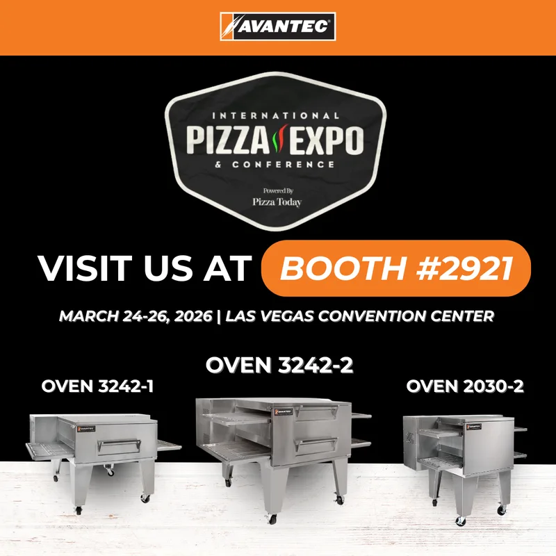 Avantec Ovens graphic: the Pizza Expo badge over a row of three conveyor ovens with model numbers