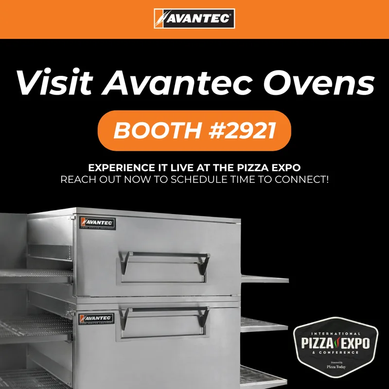 Avantec Ovens graphic: Visit Avantec Ovens in white italic over a stacked conveyor oven