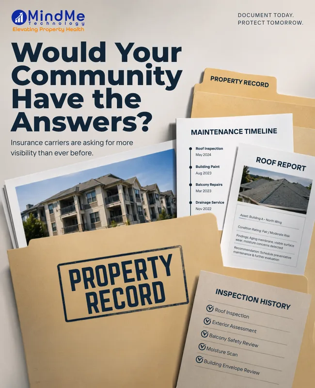 MindMe Technology social graphic: Would your community have the answers? beside a stack of property record folders