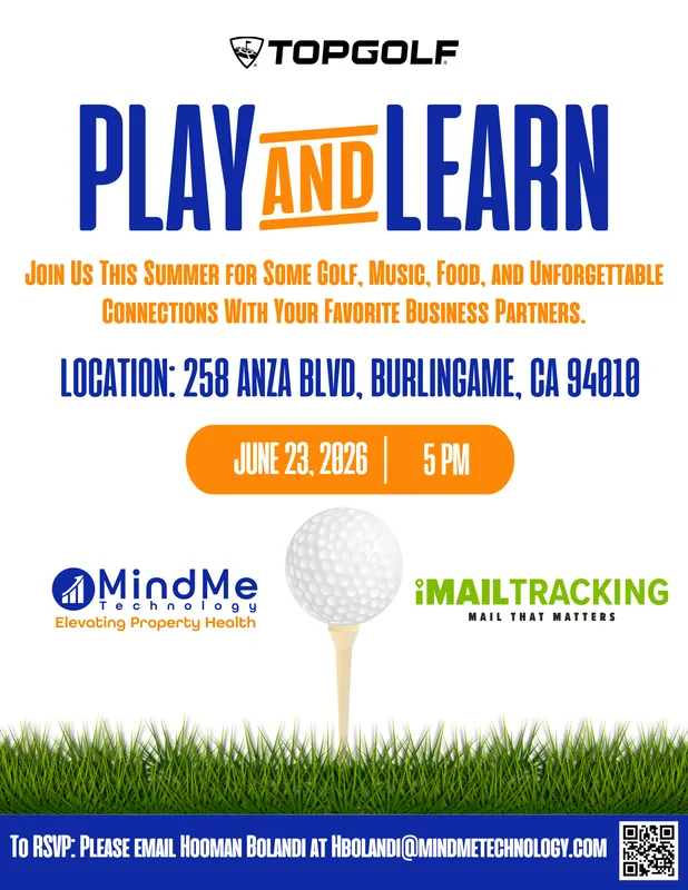 Topgolf event flyer for MindMe Technology: PLAY AND LEARN in blue and orange over a golf ball on green turf