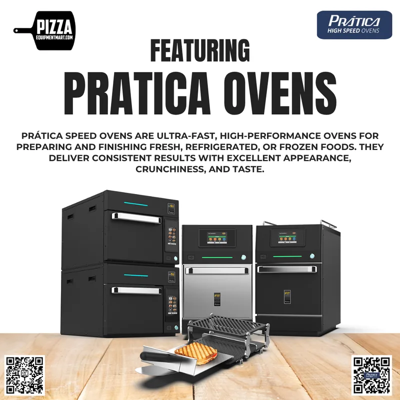 Social post: FEATURING PRATICA OVENS above three speed ovens on a wooden counter