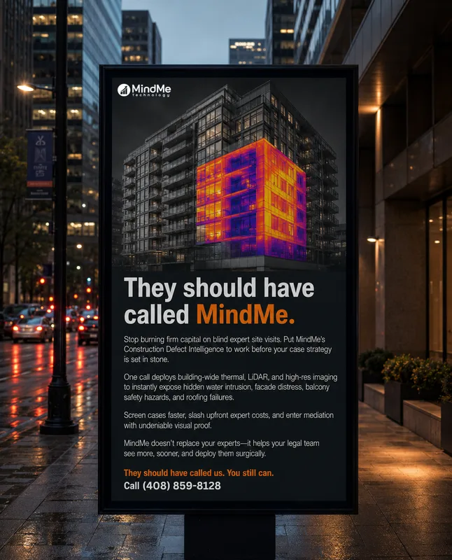 MindMe Technology poster on a city street at night: a building with a thermal scan, and the line They should have called MindMe