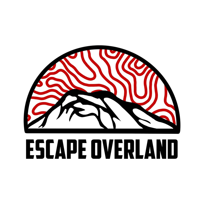 Escape Overland logo: a black mountain under a red topographic sunburst, with ESCAPE OVERLAND in bold condensed letters