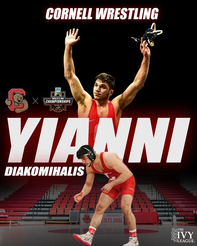 Cornell Wrestling graphic: Yianni Diakomihalis with arms raised in a red singlet, his name in huge white italic letters