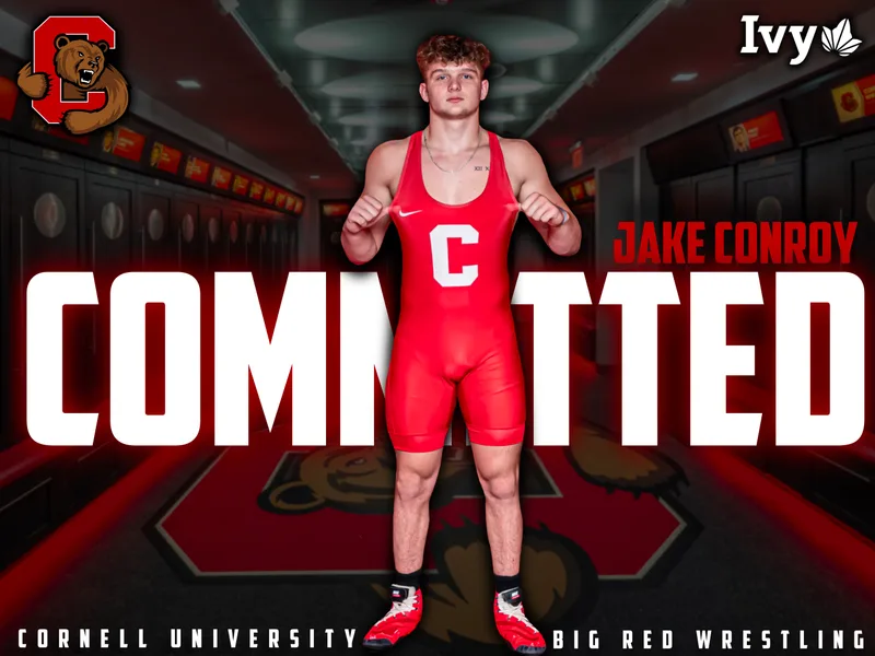 Commitment graphic: a wrestler in a red Cornell singlet in a locker room, with COMMITTED in huge white letters