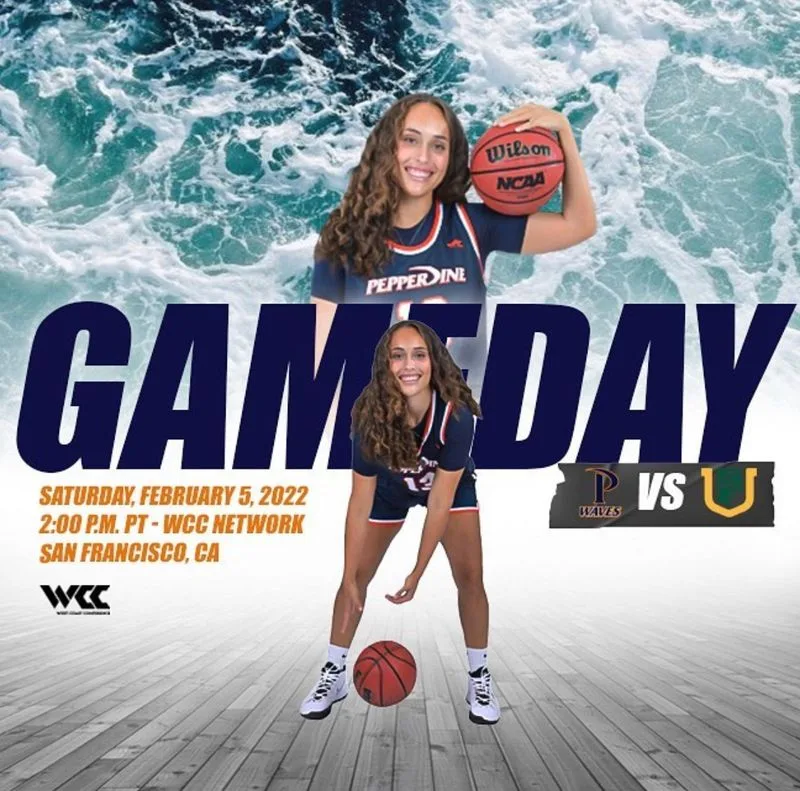 Gameday graphic for Pepperdine women's basketball: a player with a ball over crashing ocean waves, with GAMEDAY in navy letters