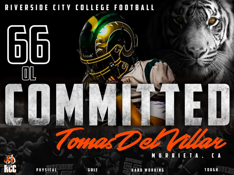 Commitment graphic for Riverside City College Football: number 66, offensive line, a helmet and a tiger, with COMMITTED in chrome letters