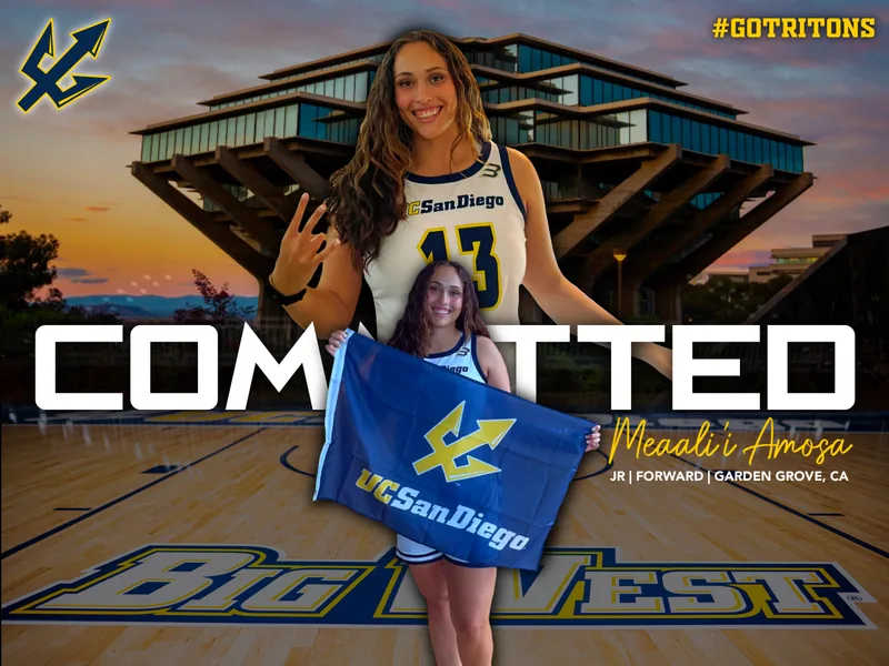 Commitment graphic: a UC San Diego basketball player holding a Tritons flag in front of Geisel Library, with COMMITTED across the frame